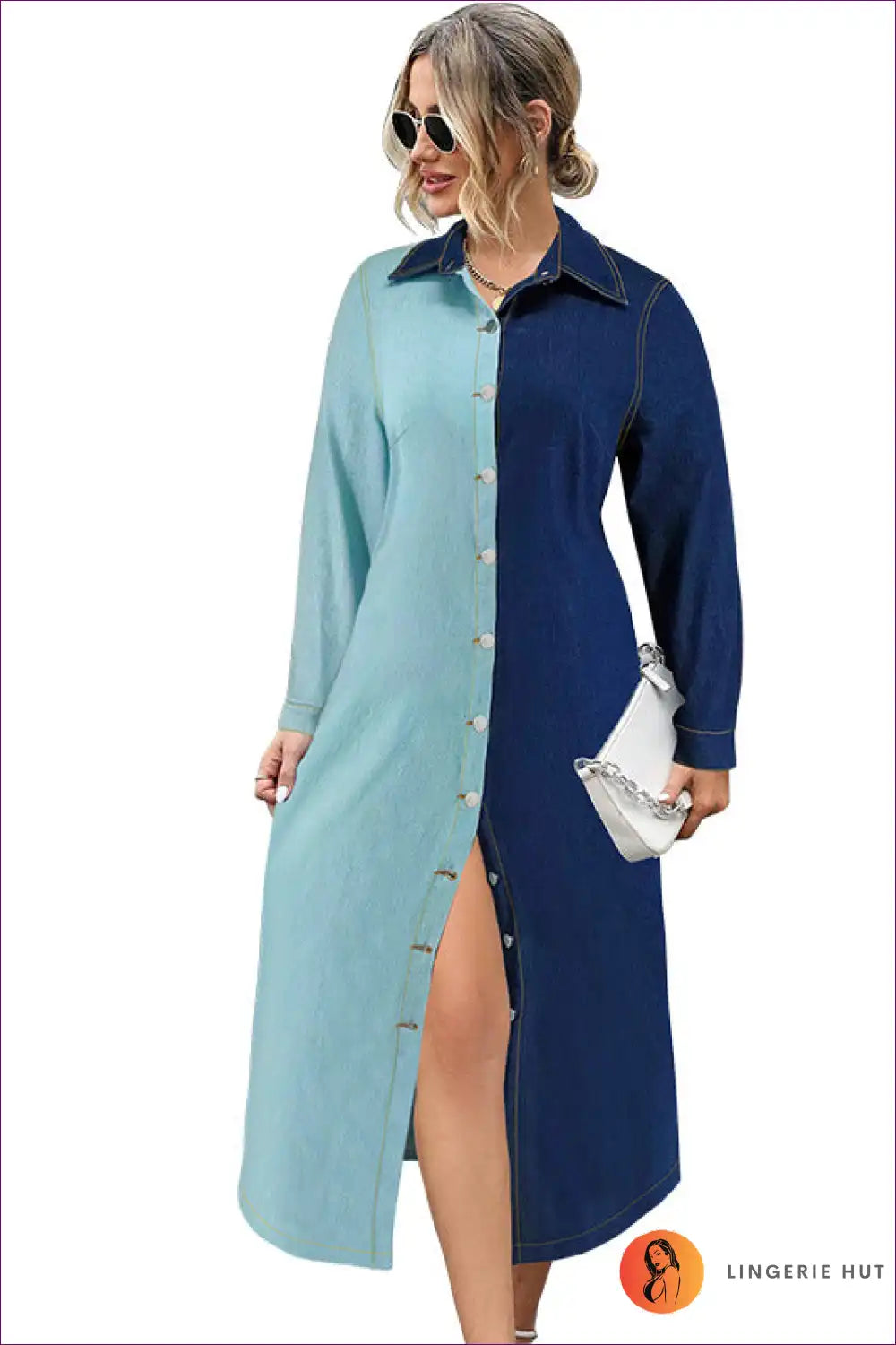 Two-tone Denim Maxi Shirt Dress - Bold Contrast for Everyday Chic Casual, Date Night, Denim, Dress,