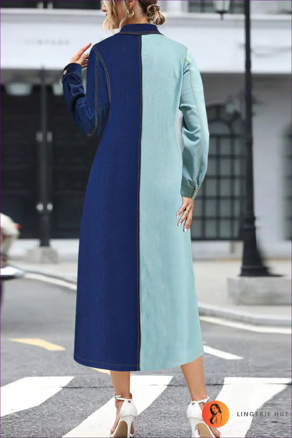 Two-tone Denim Maxi Shirt Dress - Bold Contrast for Everyday Chic Casual, Date Night, Denim, Dress,