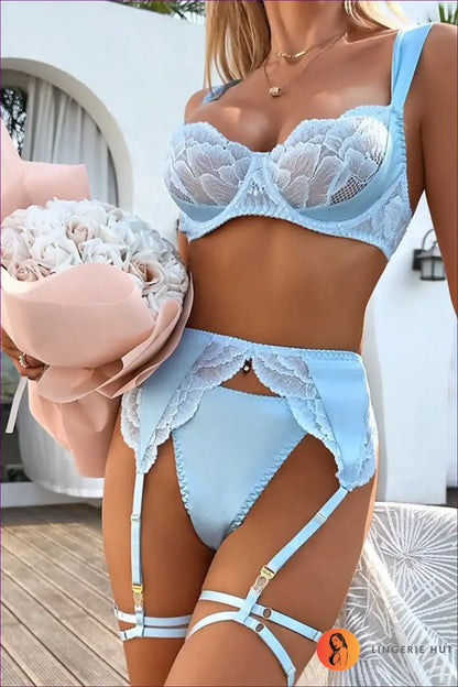 Underwear Set with Lace Bra & Garter Skirt - Soft Sunlit Escape for Boudoir, Set, Everyday, Floral,