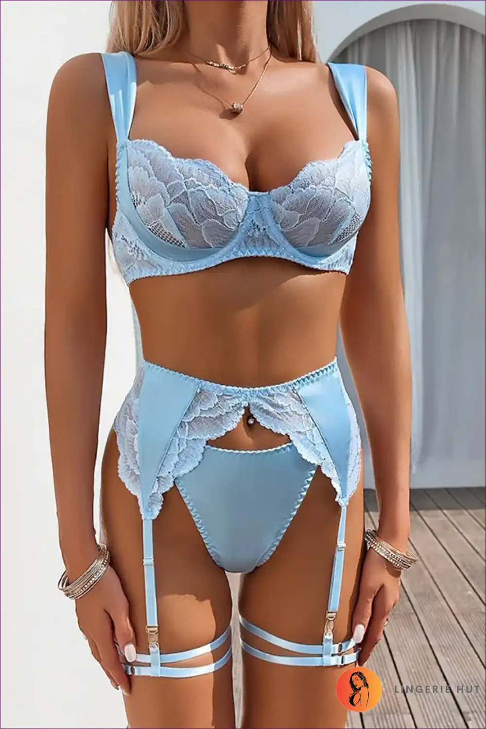 Underwear Set with Lace Bra & Garter Skirt - Soft Sunlit Escape for Boudoir, Set, Everyday, Floral,