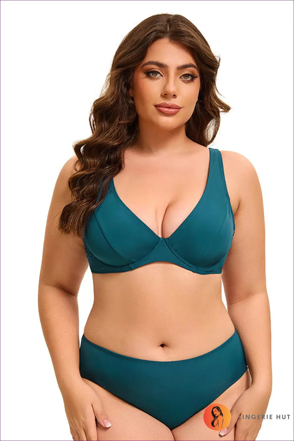 Underwire Plunge Bikini with Full-coverage Bottoms - Confident Curves - Xl / Green - Beachwear • Boho • just in • Sexy