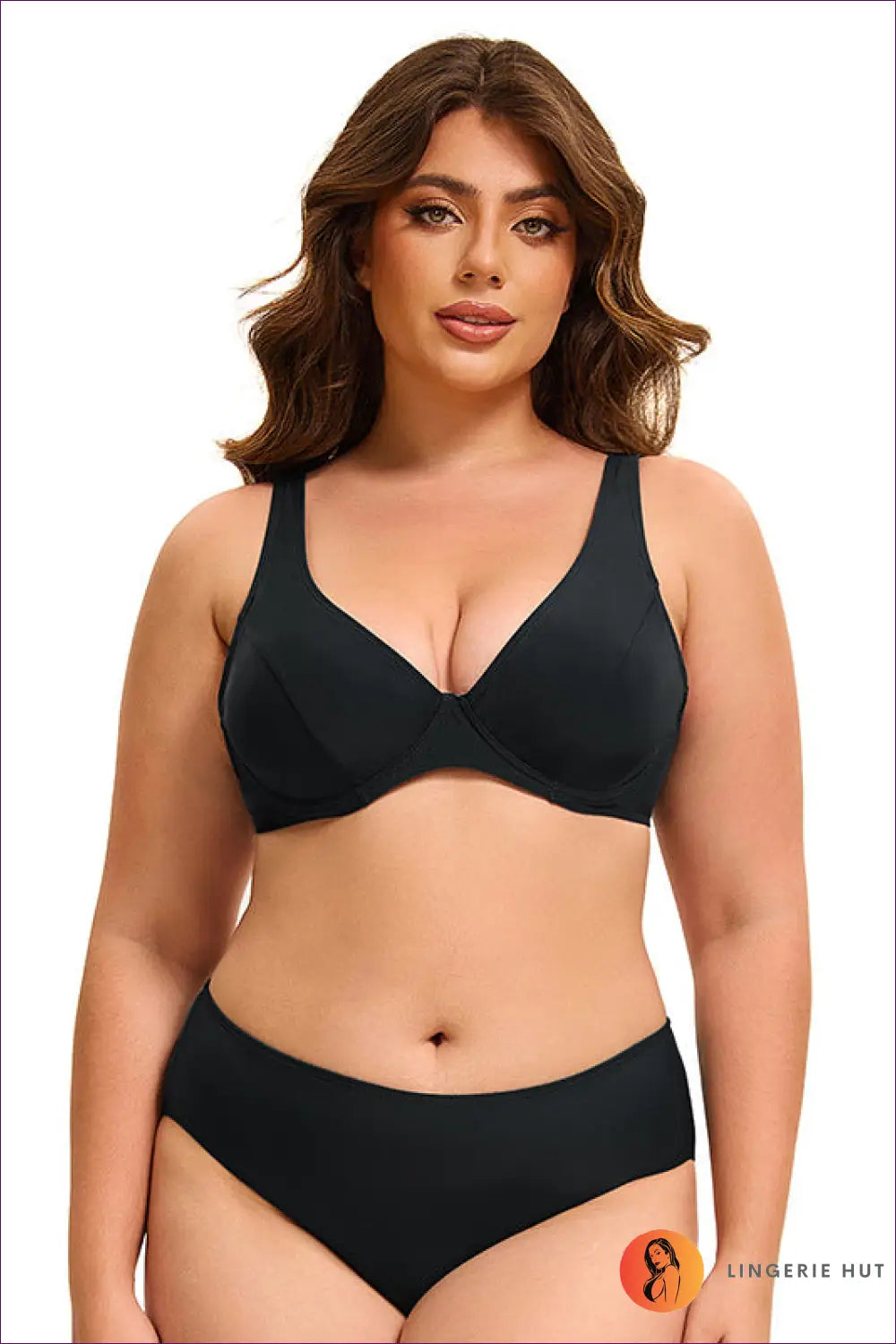 Underwire Plunge Bikini with Full-coverage Bottoms - Confident Curves - Xl / Black - Beachwear • Boho • just in • Sexy