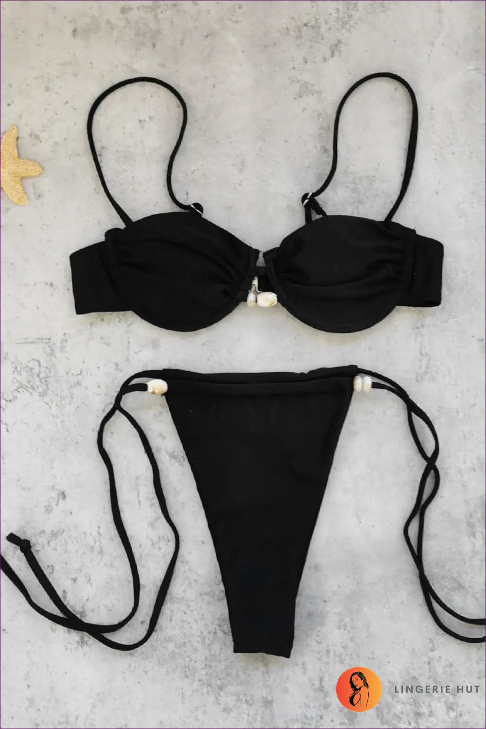 Underwire Ring Bikini with Tie-side Bottoms - Effortless Getaway - s / Black - Beachwear • Boho • Embellished Bikinis