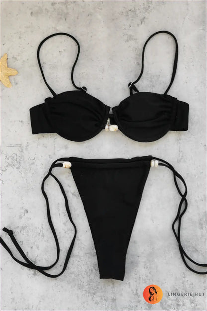 Underwire Ring Bikini with Tie-side Bottoms - Effortless Getaway - s / Black - Beachwear • Boho • Embellished Bikinis