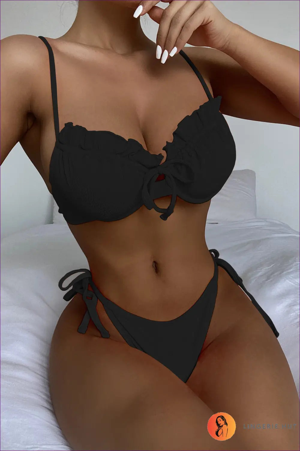 Underwire Ruffle Bikini with Bow Tie Front - Sunset Grove - s / Sunken Stripe Black - Beachwear • Boho