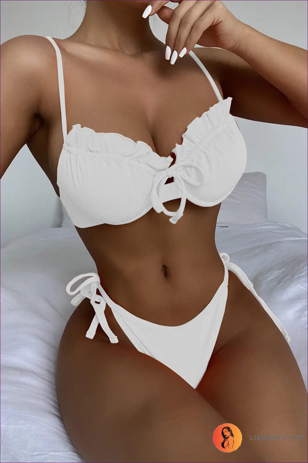 Underwire Ruffle Bikini with Bow Tie Front - Sunset Grove - s / Sunken Stripe White - Beachwear • Boho