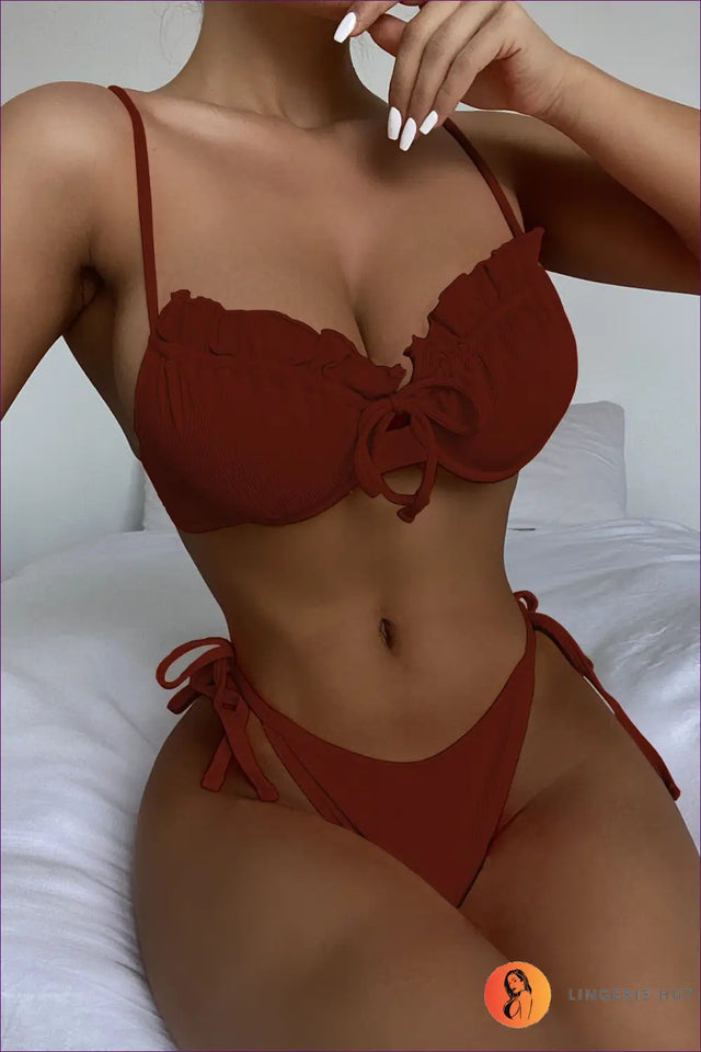 Underwire Ruffle Bikini with Bow Tie Front - Sunset Grove