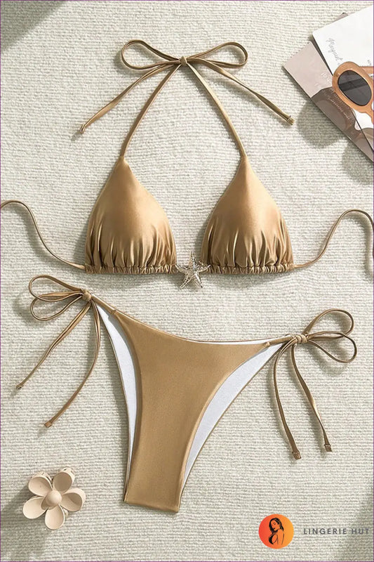 Underwired Bikini Set with Floral Hardware - Poolside Glamour - s / Khaki - Lingerie Hut - Backless • Beachwear