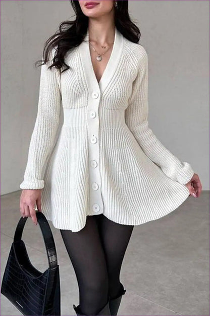 V-neck Button Flare Sweater Dress - Feminine Everyday Ease for A-line, Autumn, Casual, Everyday, Floral