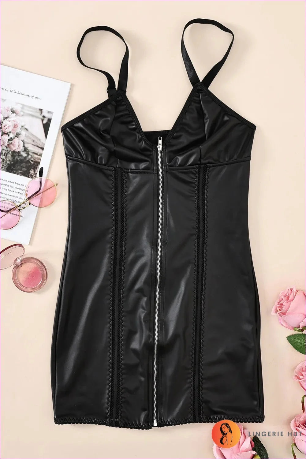 Step Into The Spotlight With Lingerie Hut’s V-neck Faux Leather Cami Dress. Zipper Detail, Sleek Fit,