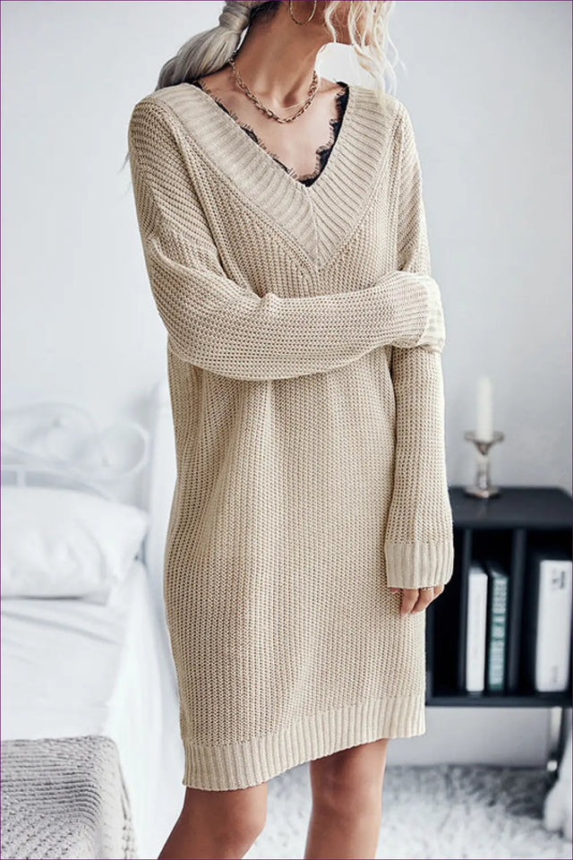 V-Neck Knit Sweater Dress with Lace Trim - Cozy Home Lounging