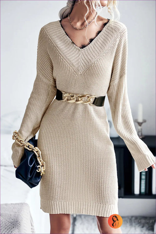 V-Neck Knit Sweater Dress with Lace Trim - Cozy Home Lounging