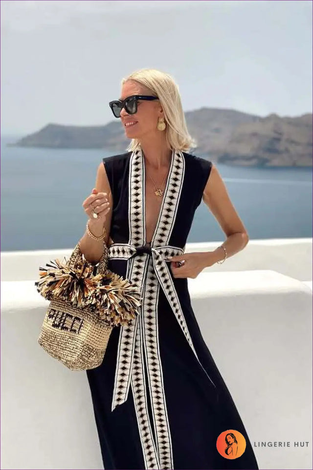 V-Neck Maxi Dress with Contrast Trim - Boho Beach Escape