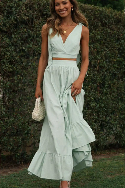 V-neck Maxi Skirt Set with Tie Waist - Modern Boho Statement for Boho, Casual, co Ord, just In,