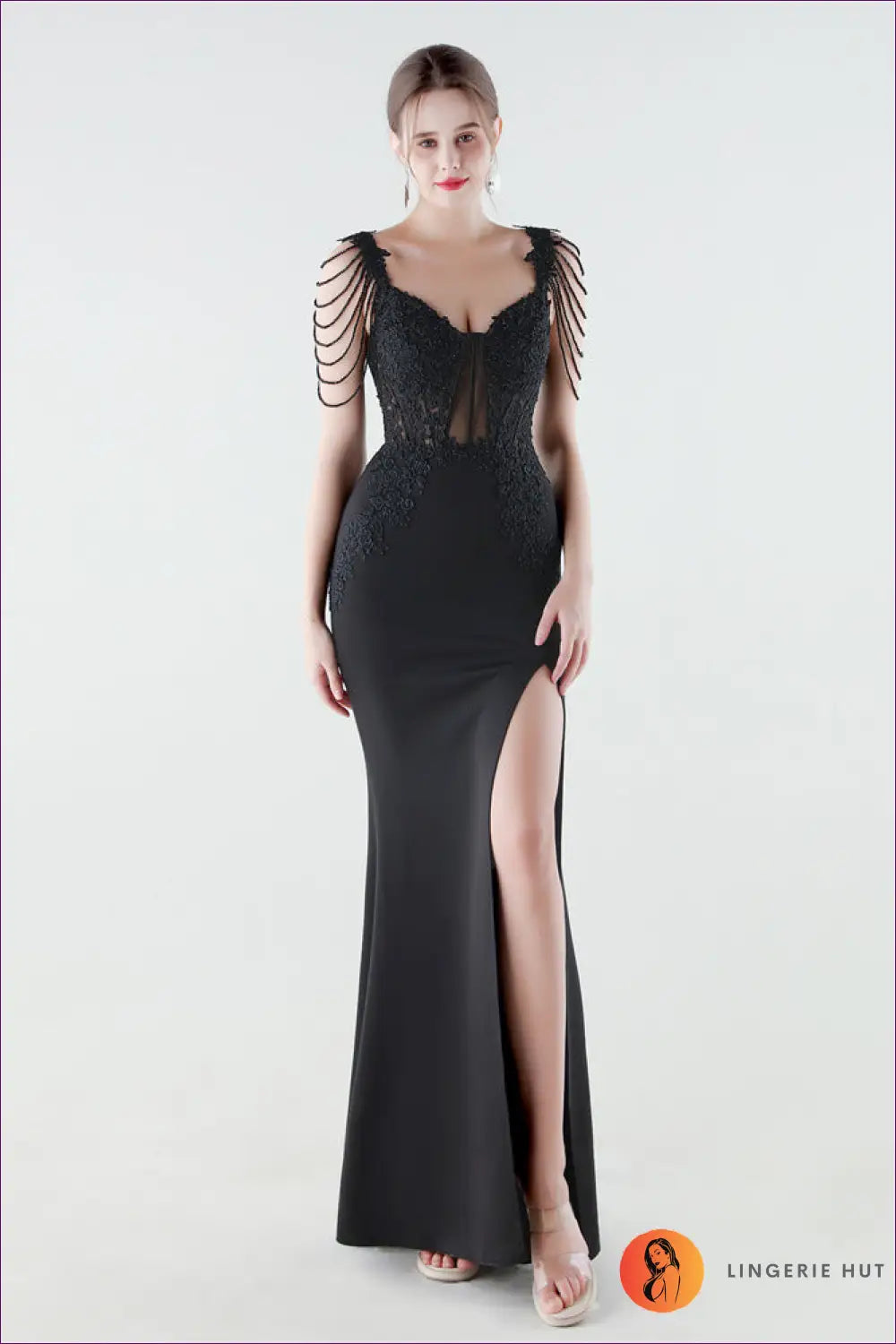 V-neck Mermaid Maxi Dress - Lace Bodice & Tiered Ruffle Skirt - s / Black - Backless • Bodycon • Elegant