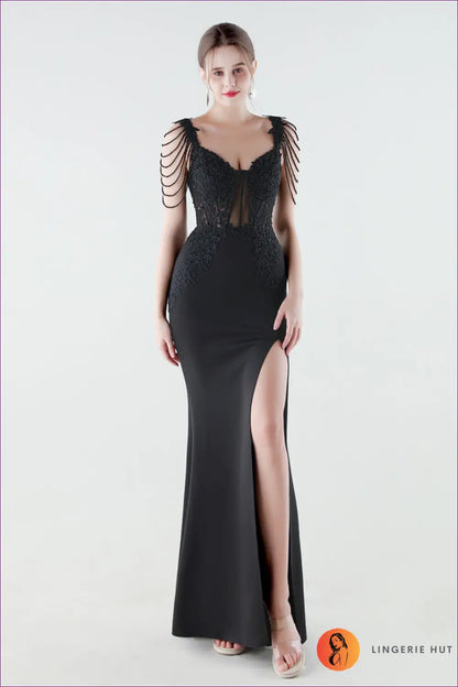 V-neck Mermaid Maxi Dress - Lace Bodice & Tiered Ruffle Skirt - s / Black - Backless • Bodycon • Elegant