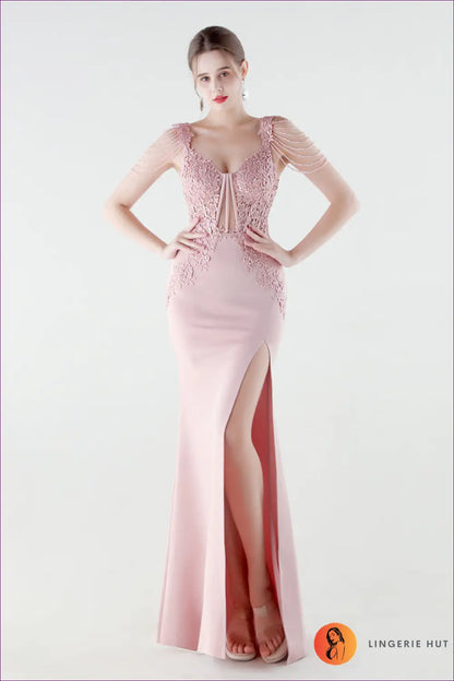 V-neck Mermaid Maxi Dress - Lace Bodice & Tiered Ruffle Skirt - s / Pink - Backless • Bodycon • Elegant