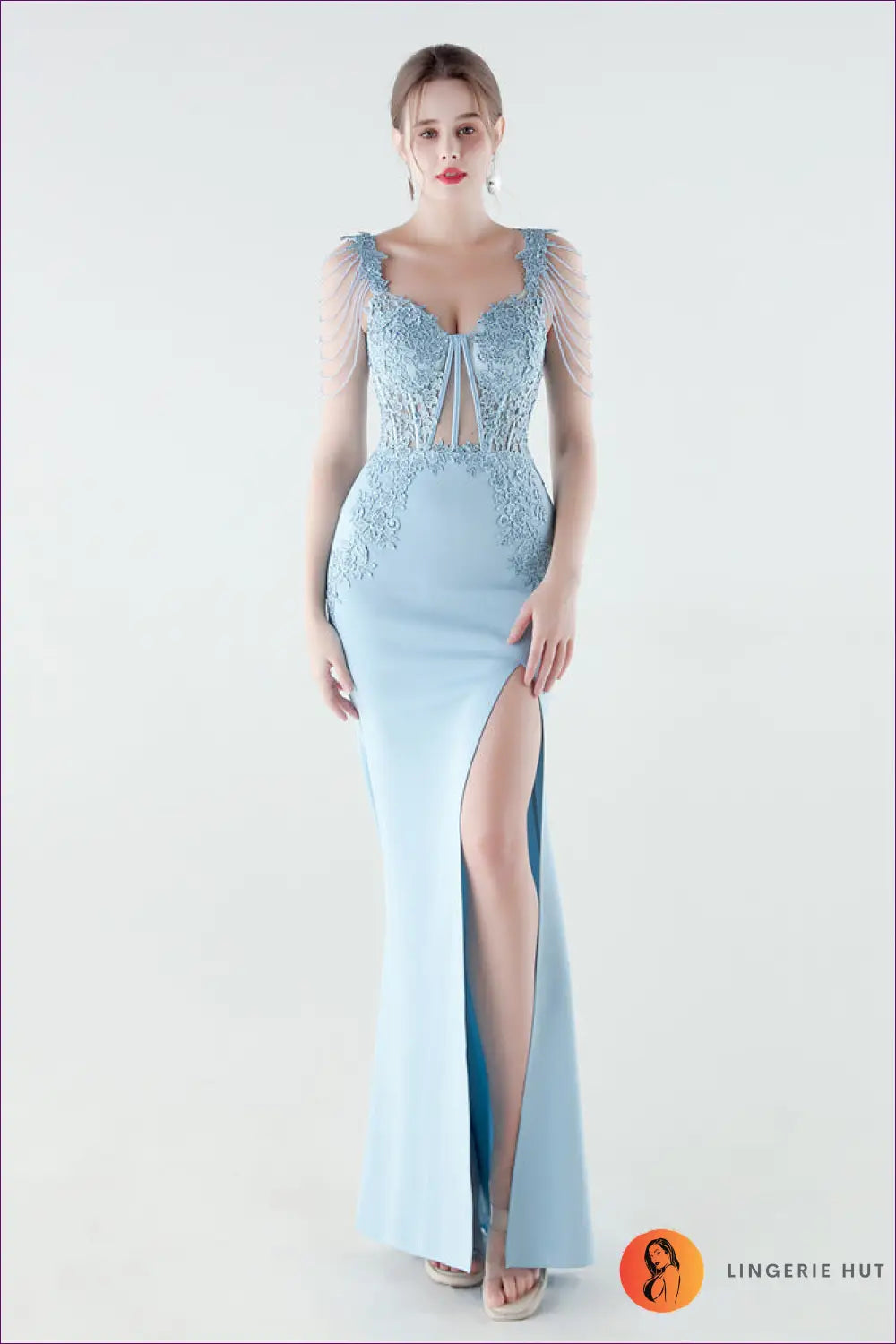 V-neck Mermaid Maxi Dress - Lace Bodice & Tiered Ruffle Skirt - s / Sky Blue - Backless • Bodycon • Elegant