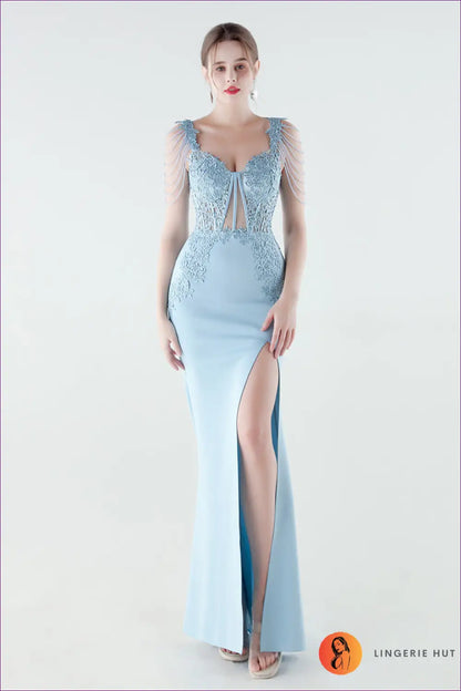 V-neck Mermaid Maxi Dress - Lace Bodice & Tiered Ruffle Skirt - s / Sky Blue - Backless • Bodycon • Elegant