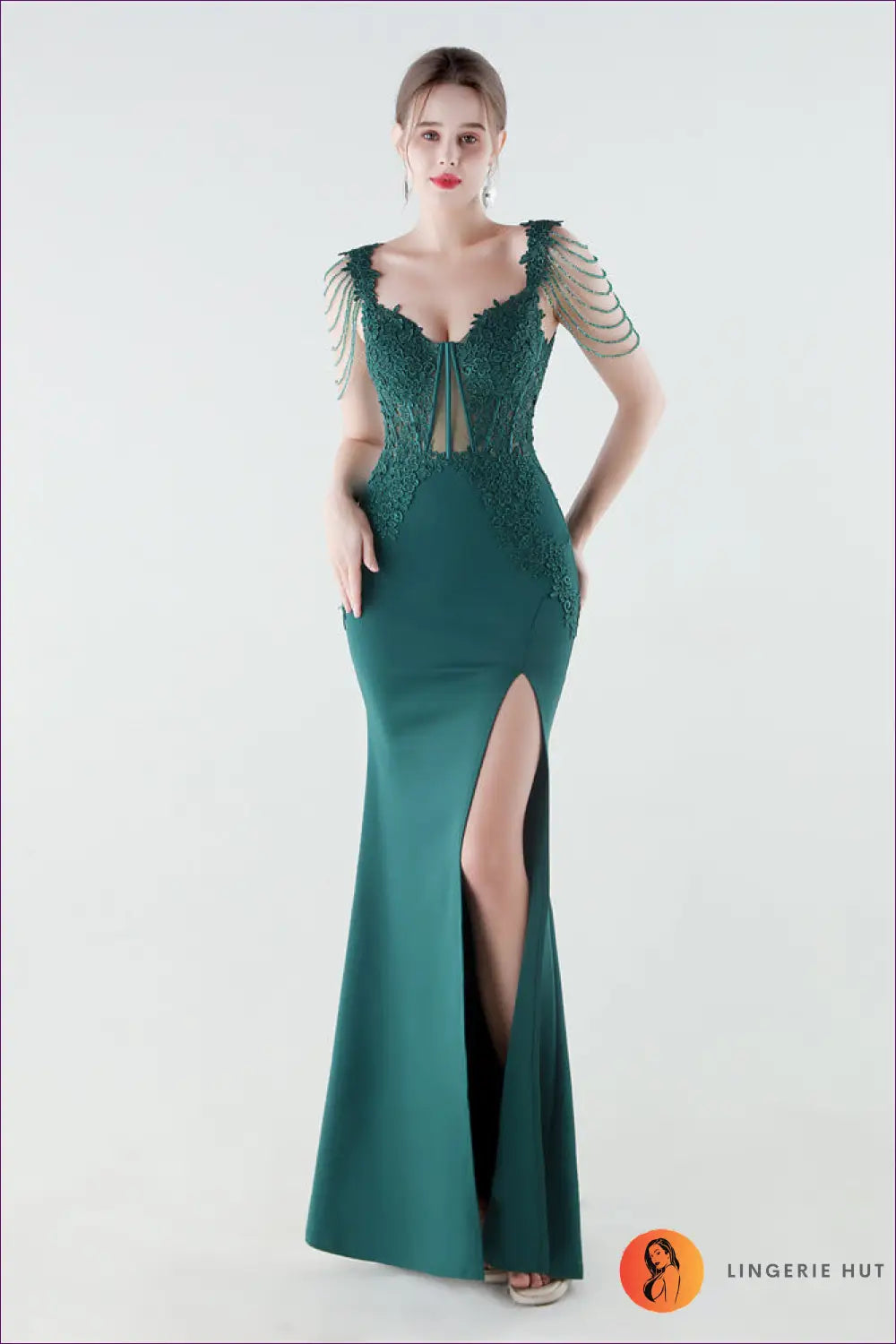 V-neck Mermaid Maxi Dress - Lace Bodice & Tiered Ruffle Skirt - s / Blackish Green - Backless • Bodycon • Elegant