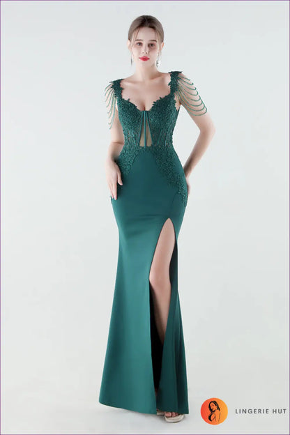 V-neck Mermaid Maxi Dress - Lace Bodice & Tiered Ruffle Skirt - s / Blackish Green - Backless • Bodycon • Elegant