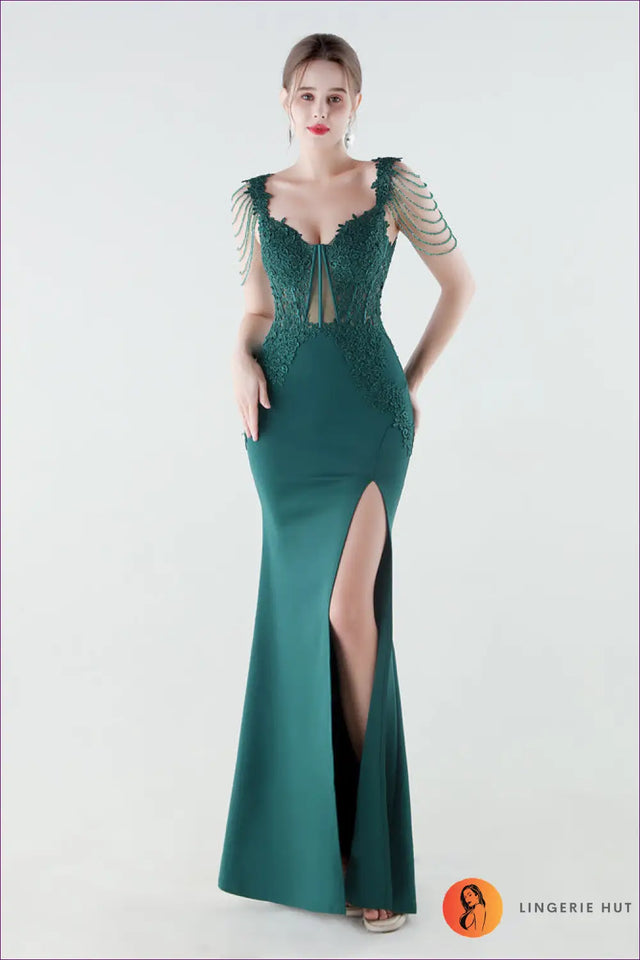 V-Neck Mermaid Maxi Dress - Lace Bodice & Tiered Ruffle Skirt
