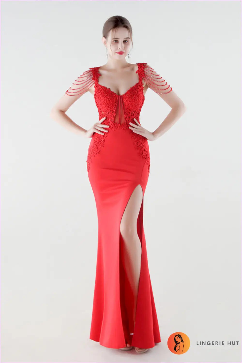 V-neck Mermaid Maxi Dress - Lace Bodice & Tiered Ruffle Skirt - s / Red - Backless • Bodycon • Elegant • just in - Yenyu