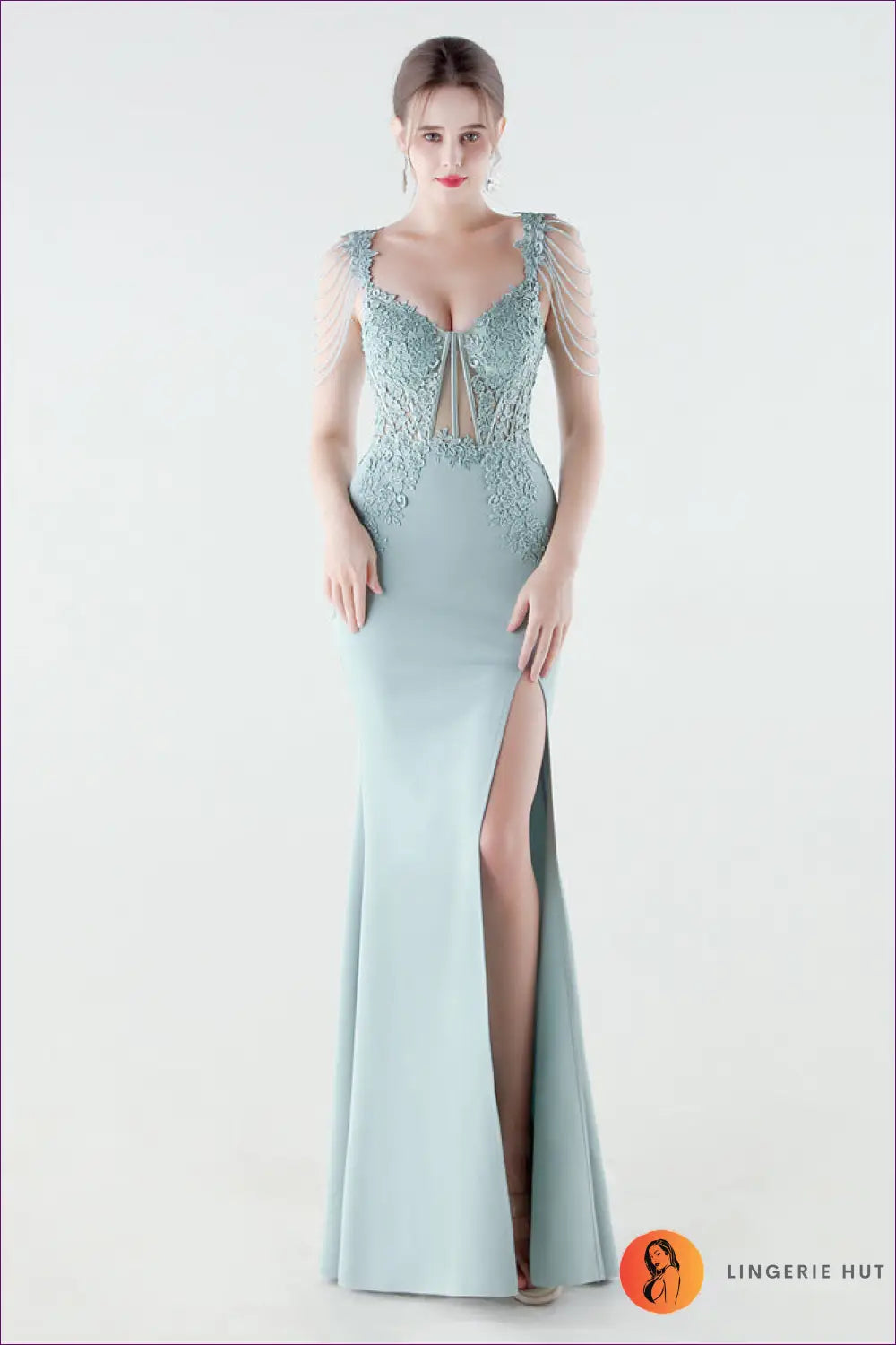 V-neck Mermaid Maxi Dress - Lace Bodice & Tiered Ruffle Skirt - s / Lake Green - Backless • Bodycon • Elegant