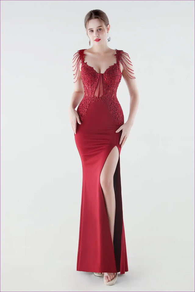 V-Neck Mermaid Maxi Dress - Lace Bodice & Tiered Ruffle Skirt
