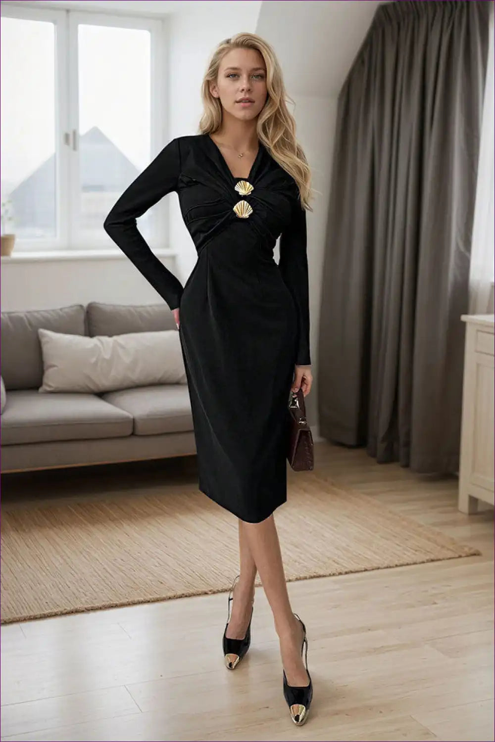 V-neck Midi Dress with Gold Fastener - Modern Day Chic for Autumn, Everyday, Formal Wear, just In,