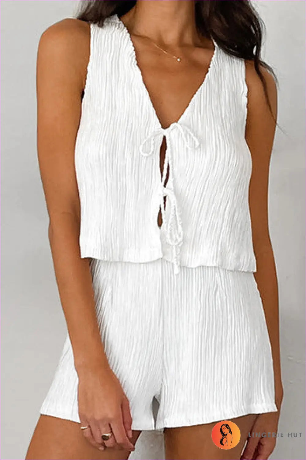 V-neck co Ord Set with Tie Detail - Effortless Summer Ease - s / White - Outfit Sets - Lingerie Hut - Casual • Cutout