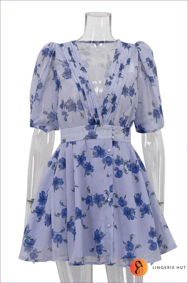 V-Neck Puff Sleeve Mini Dress - Garden Party Ready