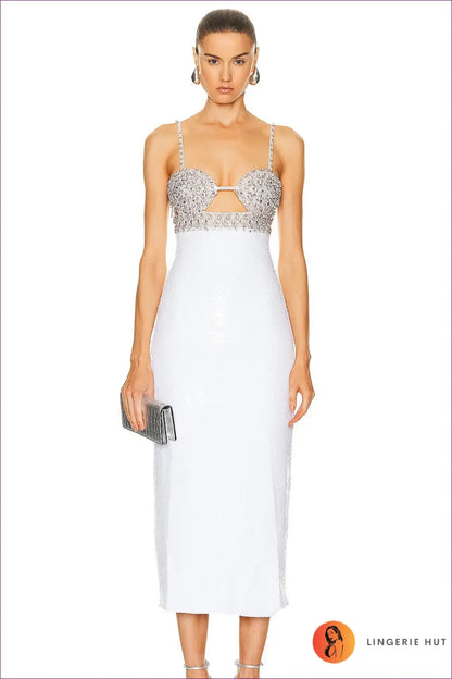 V-neck Sequin Mermaid Maxi Dress - Pleated Cap Sleeve - Xs / White - Bodycon • Elegant • Fishnet • just in - Kleezy