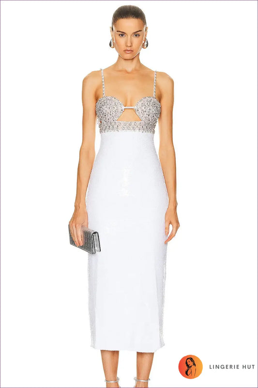 V-neck Sequin Mermaid Maxi Dress - Pleated Cap Sleeve - Xs / White - Bodycon • Elegant • Fishnet • just in - Kleezy