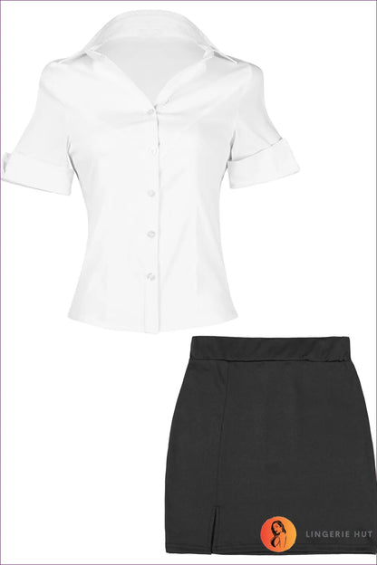 Elevate Your Professional Style With Our V-neck Short Sleeve Secretary Uniform. Crafted For Lasting