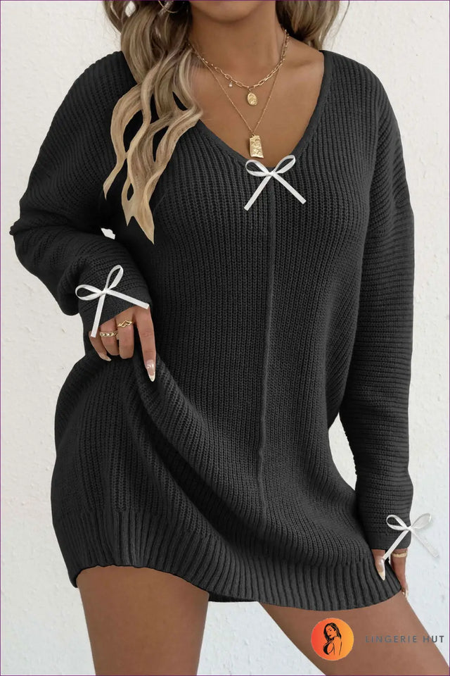 V-Neck Sweater Mini Dress with Bow Accents - Effortless Feminine Ease