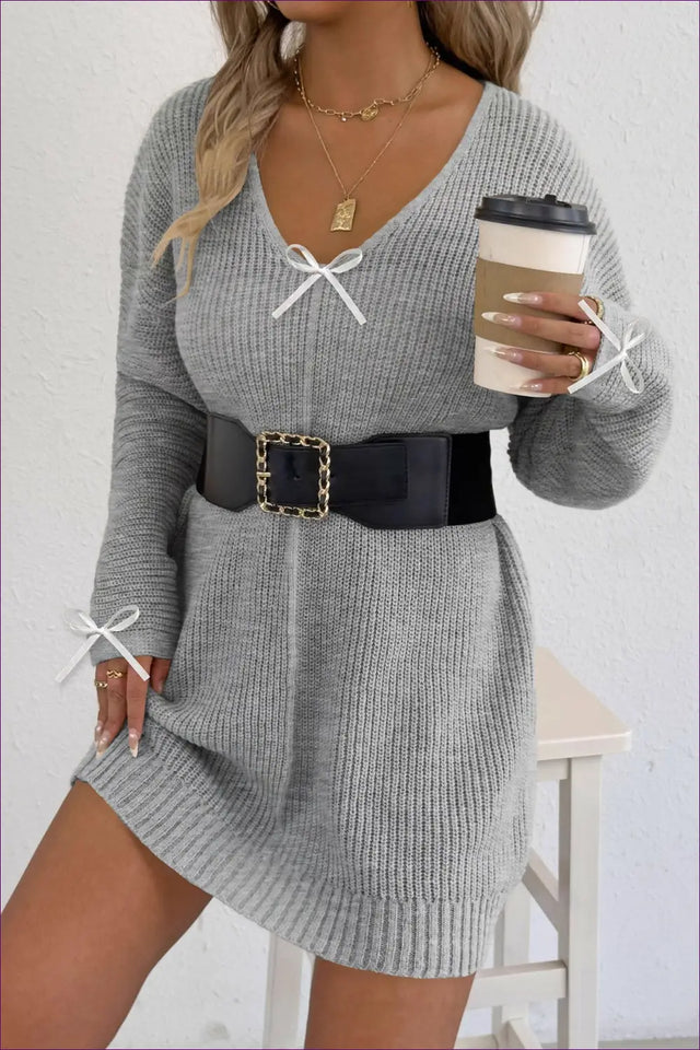 V-Neck Sweater Mini Dress with Bow Accents - Effortless Feminine Ease