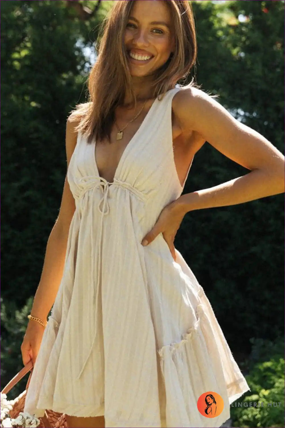 V-neck Tie Front Mini Dress - Effortless Summer Escape for A-line, Beachwear, Casual, just In,