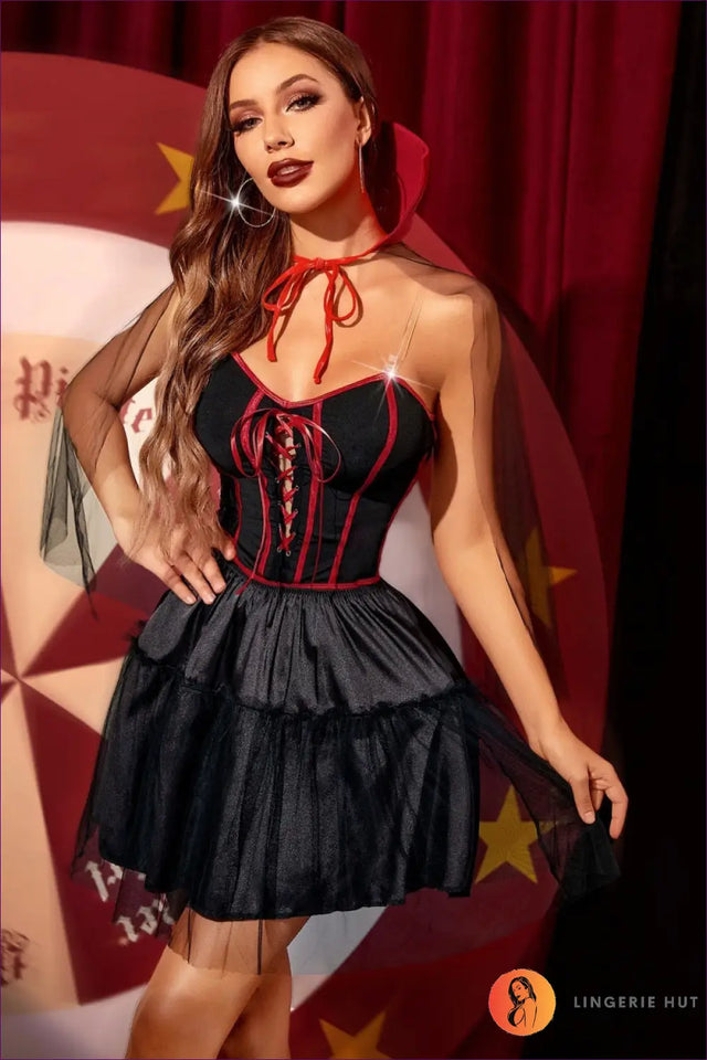 Black Vampire Corset Costume with Lace-Up Front - Midnight Mystique