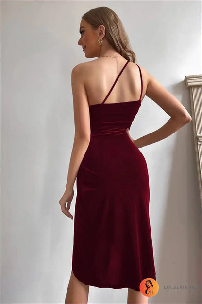 Step Into The Essence Of Elegance With Lingerie Hut’s Velvet Asymmetrical Dress. Its One-shoulder Design