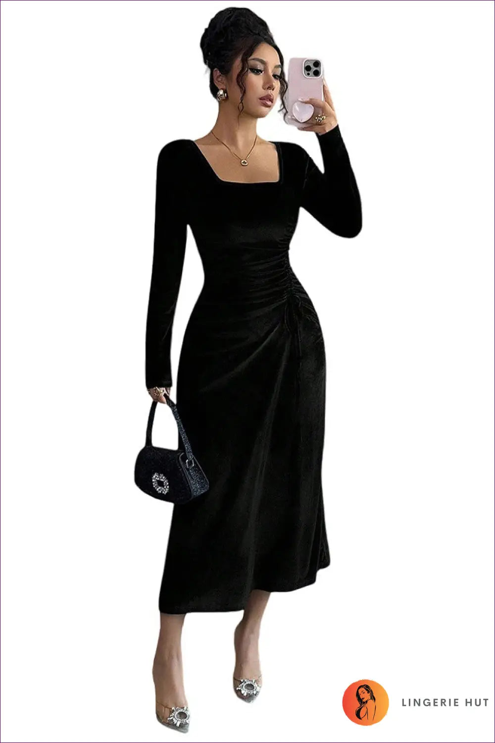 Velvet Bodycon Midi Dress - Understated Glamour - s / Black - Dresses - Lingerie Hut - Autumn • Date Night • Evening