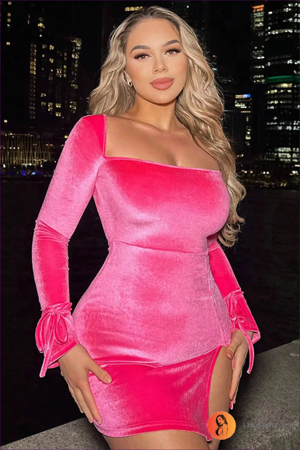 Velvet Bodycon Mini Dress with Lace-up Slit - Night out Glamour - s / Pink - Dresses - Lingerie Hut - Autumn • Clubwear