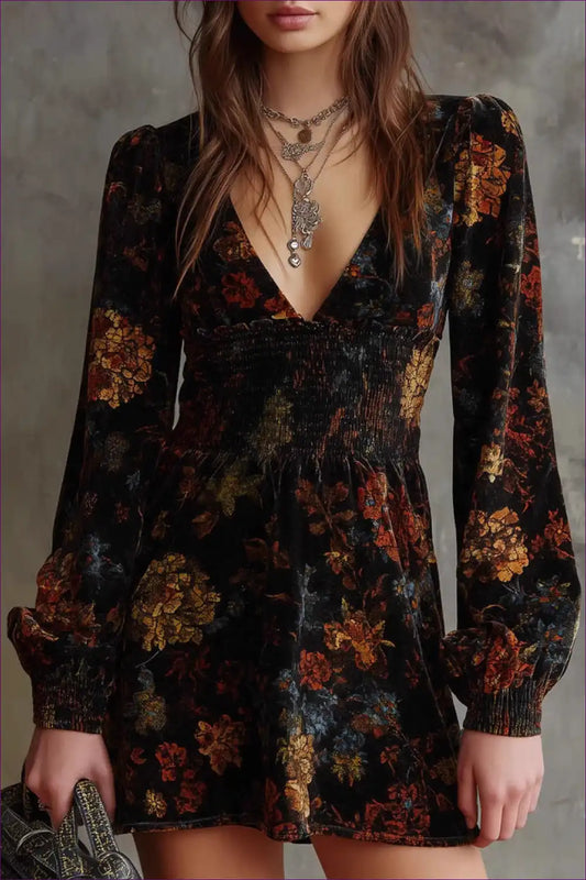 Velvet Floral Mini Dress with Smocked Waist - Autumn Romance for a Line, Autumn, Casual, Everyday,