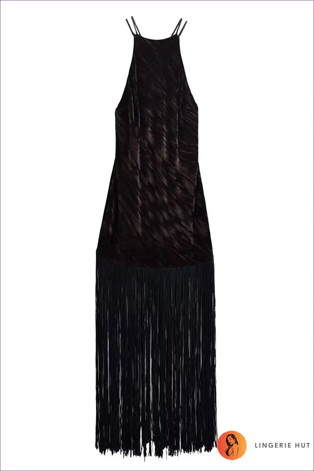 Velvet Halter Dress with Fringe Detail - Evening for Backless, Evening Wear, Formal Glamour, Halter