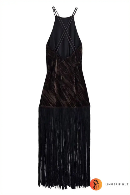 Velvet Halter Dress with Fringe Detail - Evening for Backless, Evening Wear, Formal Glamour, Halter