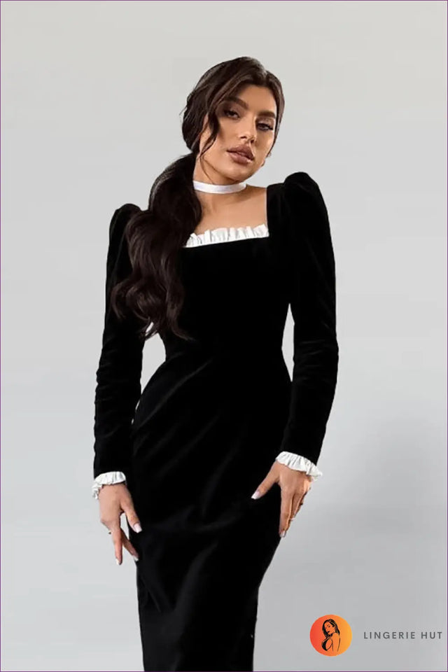 Velvet Knit Midi Dress with Contrast Trim - Modern Evening Mood