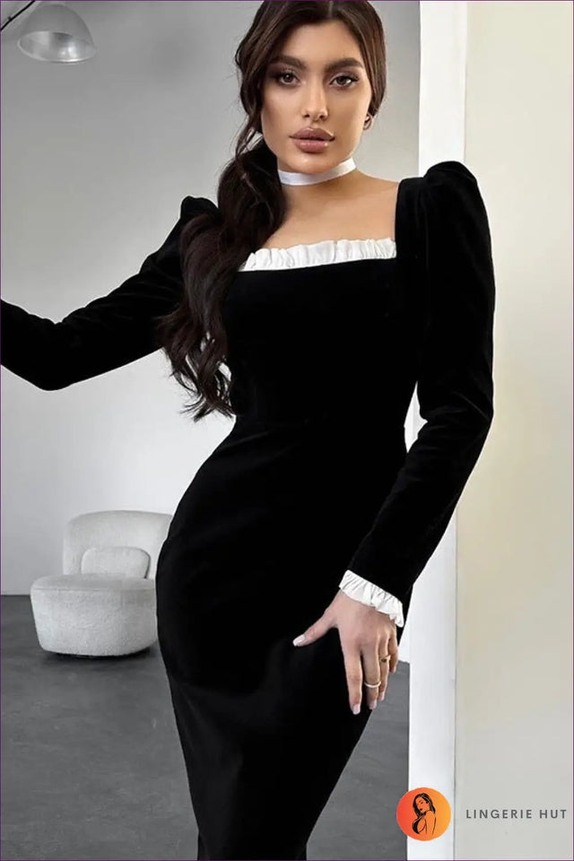 Velvet Knit Midi Dress with Contrast Trim - Modern Evening Mood