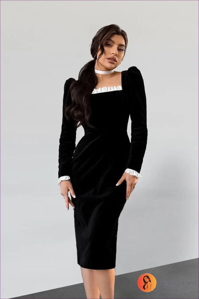 Velvet Knit Midi Dress with Contrast Trim - Modern Evening Mood