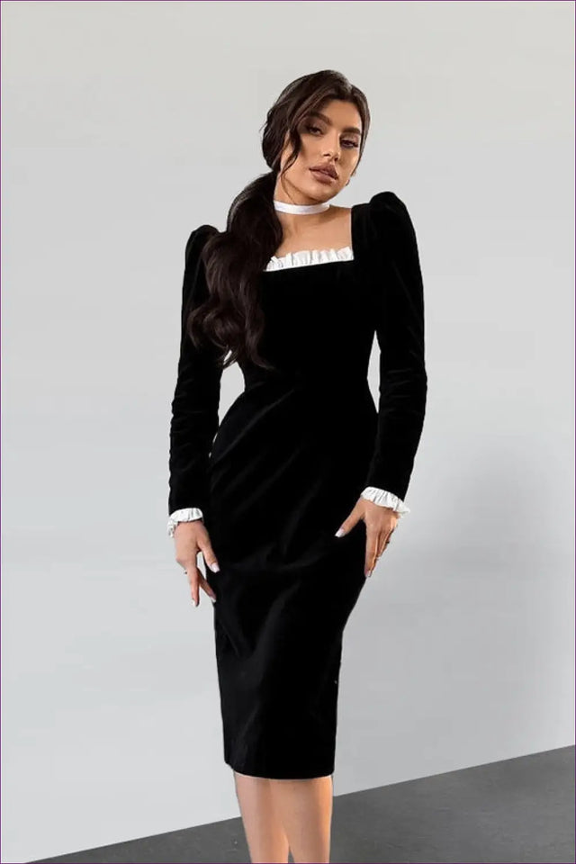 Velvet Knit Midi Dress with Contrast Trim - Modern Evening Mood