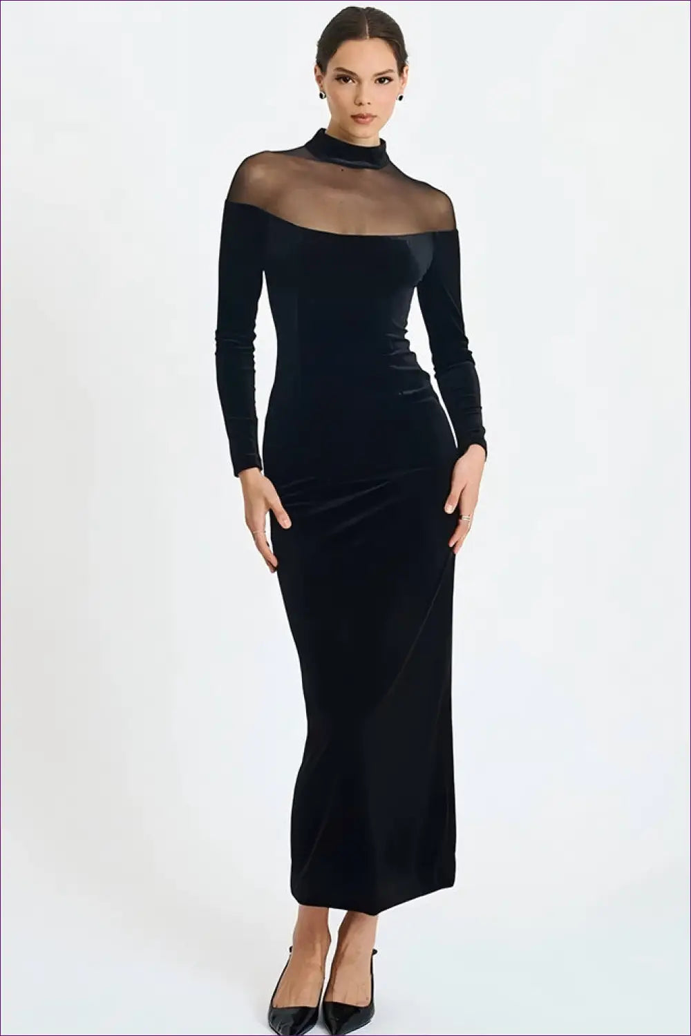 Velvet and Lace Bodycon Maxi Dress with Sheer Panelling - Dresses - Lingerie Hut - All Season • Bodycon • Dress